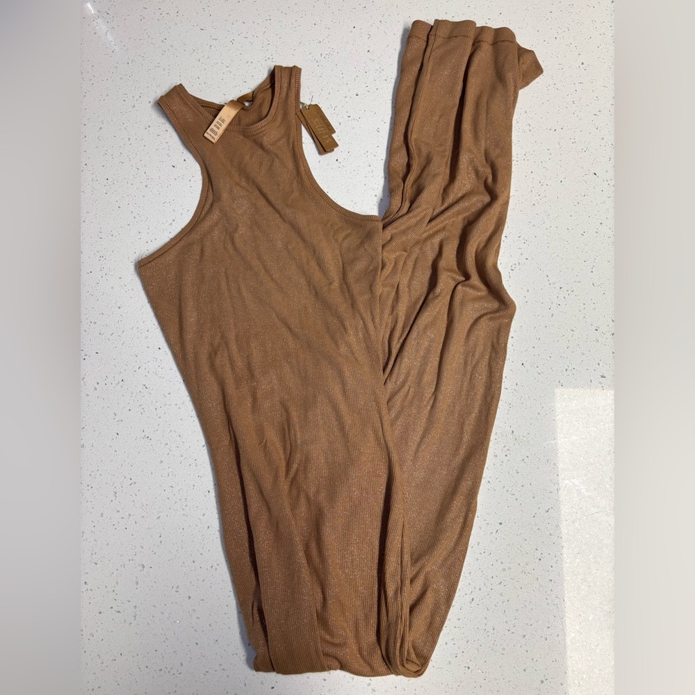 SKIMS camel foil halter maxi NWT size XSMALL